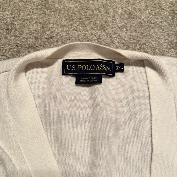U.S. POLO ASSN White cardigan sweater 100% cotton with two navy blue stripes XXL - Picture 4 of 8